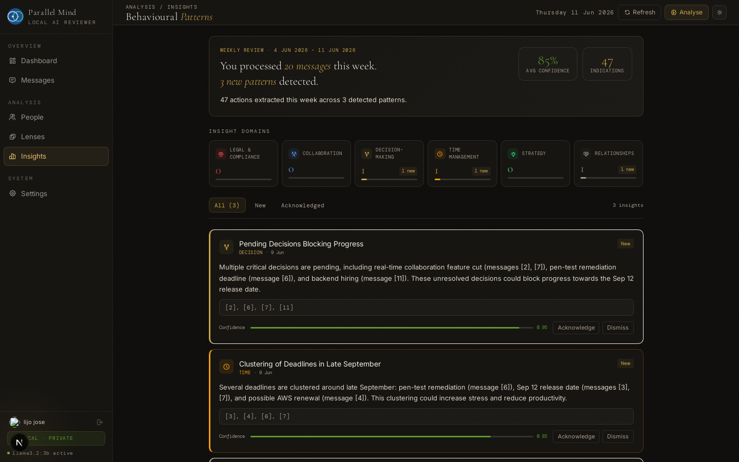 Insight Engine — behavioural patterns with evidence and confidence