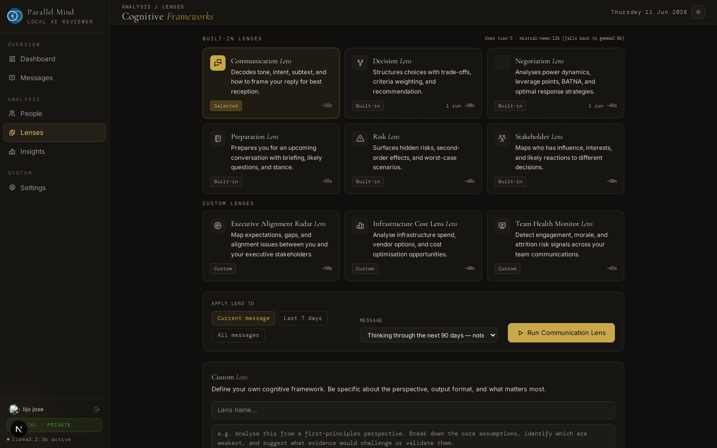 Lens Engine — six cognitive frameworks plus custom lenses