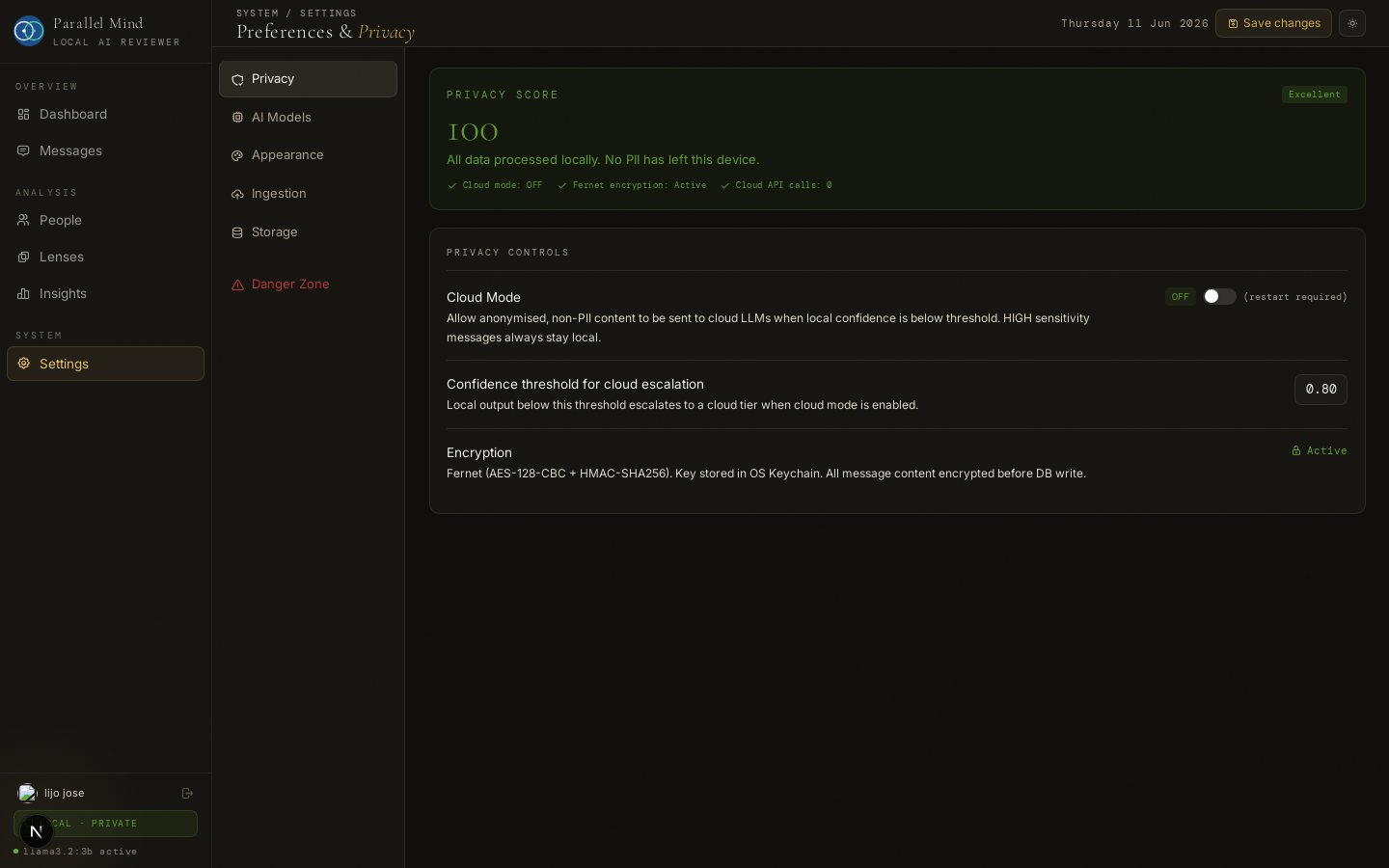 Settings — live privacy score, cloud mode off, encryption active