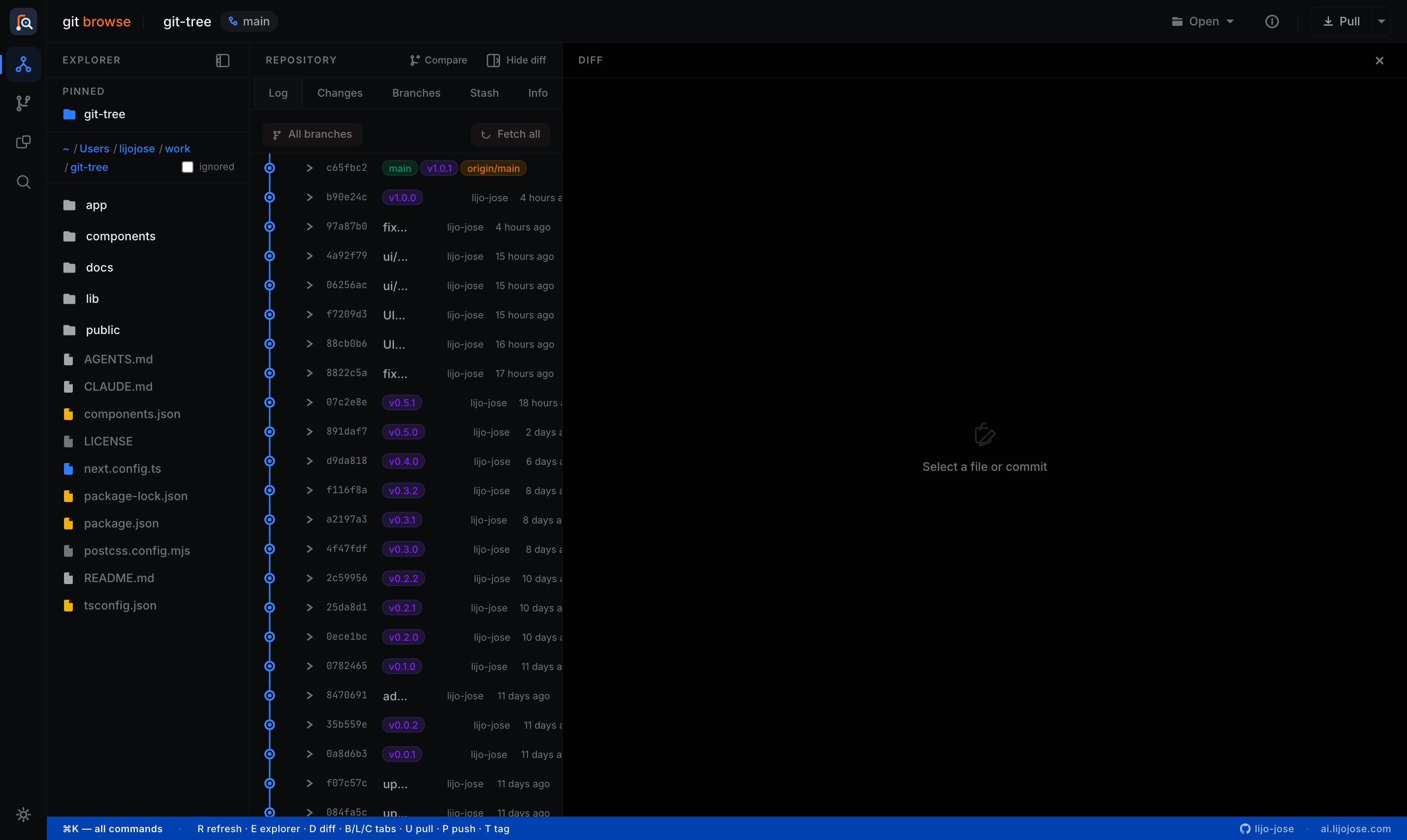 Git Browse three-panel interface — explorer, repository tabs, and diff view