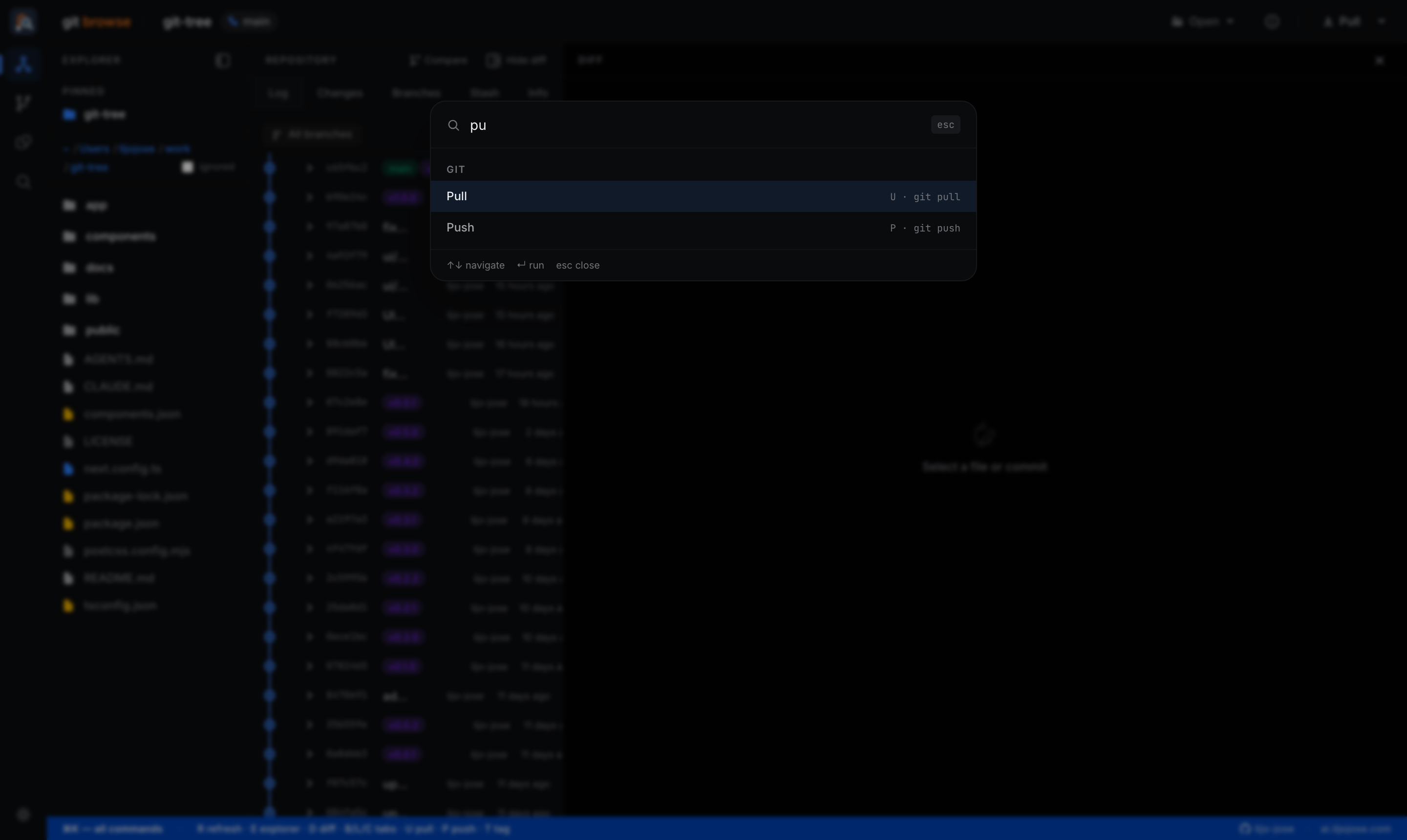 Git Browse command palette with searchable git commands